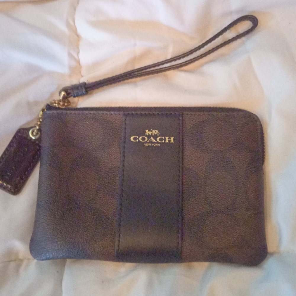 LIKE NEW, Coach Dark Brown Wristlet with Gold Accents